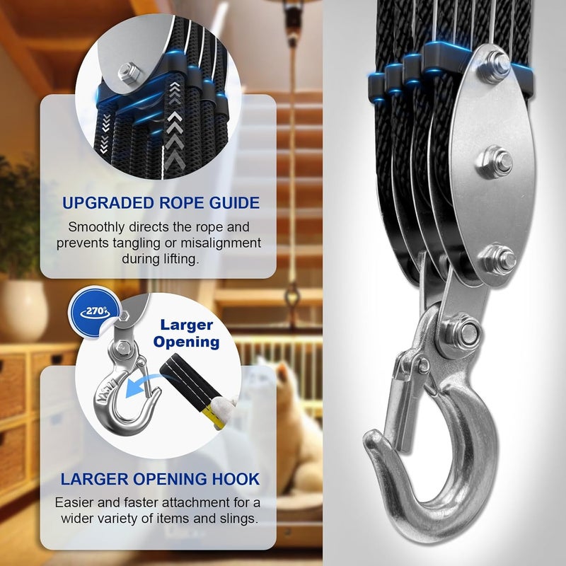 SALIFTFE Block and Tackle Pulley System, Upgraded 4-Wheel Rope Hoist with Dual Guide Wheels & Wide-Opening Hooks, 8:1 Lifting Power, 2200LB Max Load, 65FT x 1/4" Rope for Garage, Hunting, Lifting - Image 5